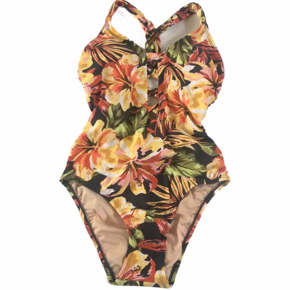 NWT Kona Sol Womens XS Floral Hibiscus $35 Yellow Black One Piece Swimsuit #SW